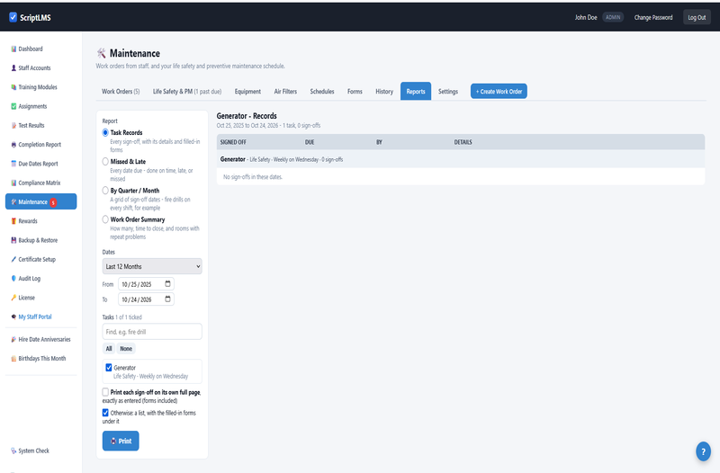 ScriptLMS Maintenance Reports tab with report and date choices, listing the weekly Life Safety generator inspection with no sign-offs yet